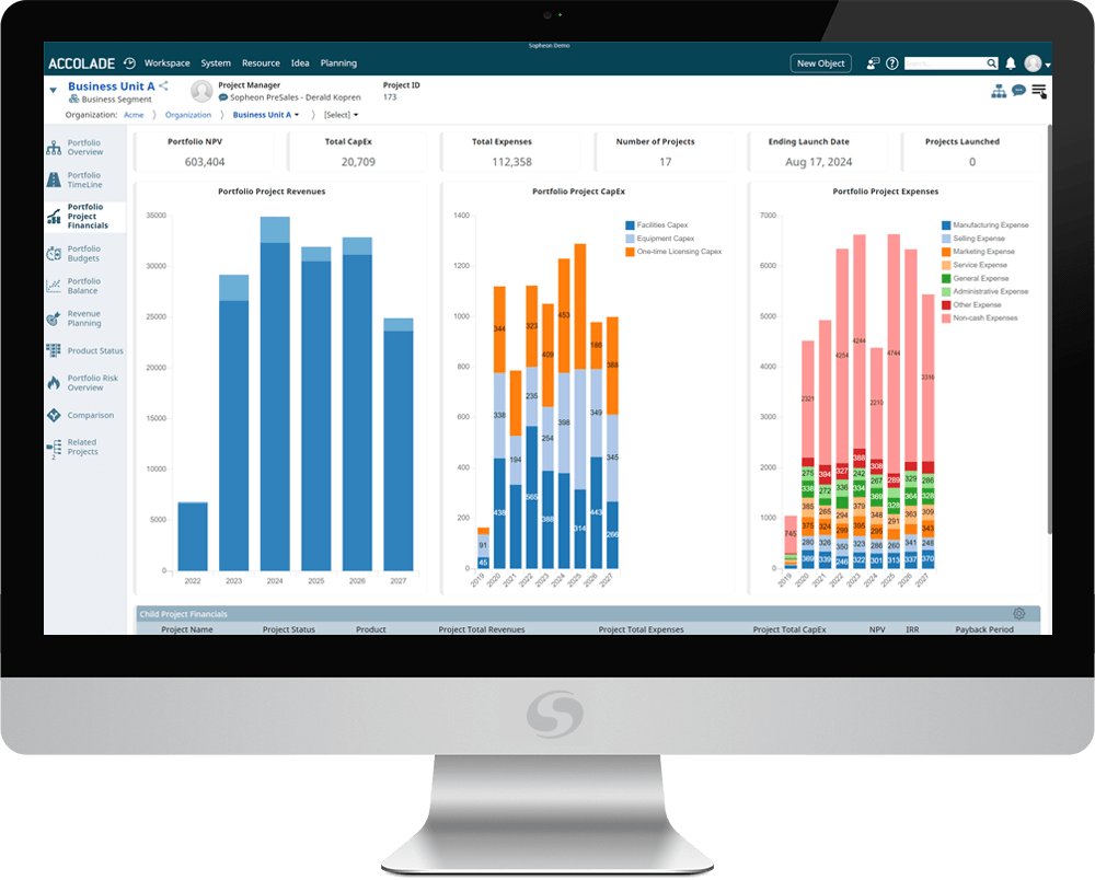 A live screenshot of the Accolade innovation software displays various portfolio project financial metrics.